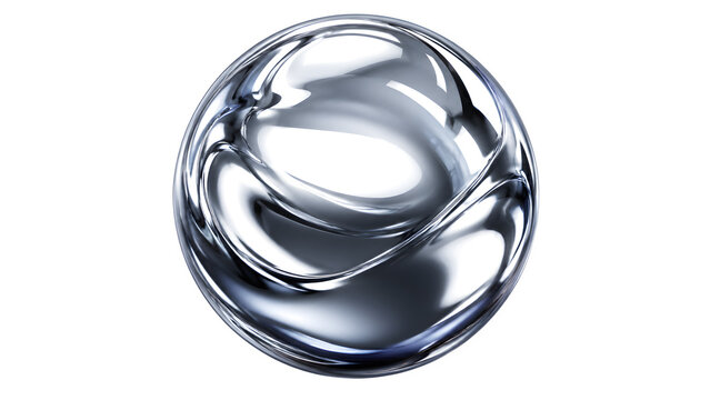 Metallic chrome sphere with liquid ripples, reflective silver orb with fluid texture, futuristic mercury drop for high-tech design concepts isolated on White Background