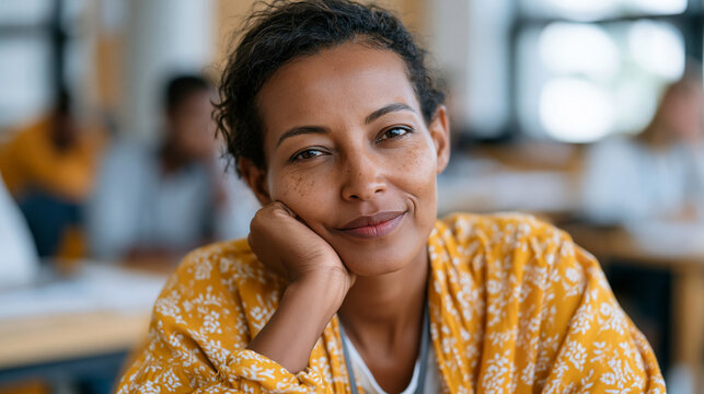 Ethiopian kindergarten teacher attends a professional development immersive workshop in a bright learning studio, facilitated roleplay activity visible as she practices