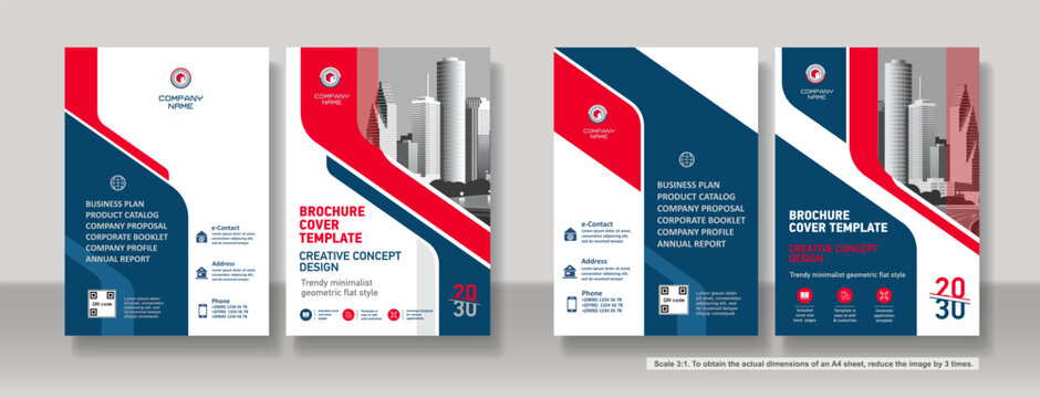 Brochure cover creative design. Multipurpose universal template, include cover and back pages. 
Trendy flat geometric style. Two sample layouts and color schemes. Vertical book a4 format. Scale 3:1