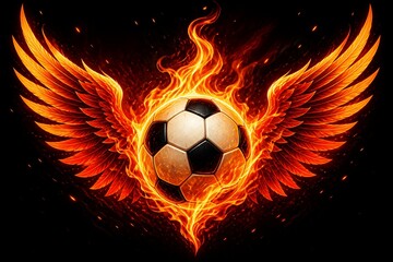 Fototapeta premium Soccer ball surrounded by flaming wings on black background