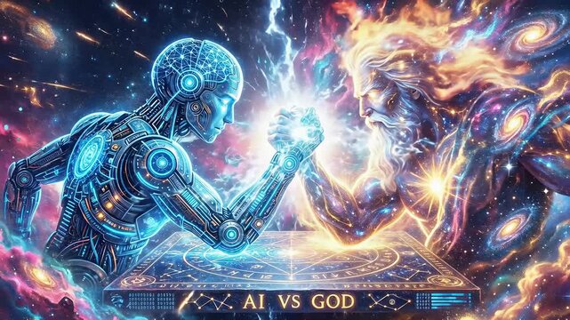 AI Versus God Arm Wrestling In Cosmic Battle Between Robot Intelligence And Divine Light