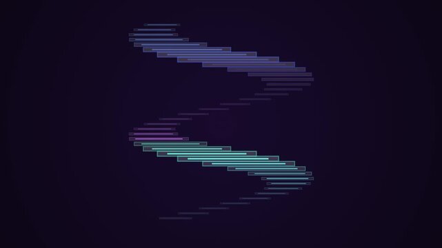 Abstract futuristic motion graphic showing glowing neon bars forming a curved zigzag path on a dark background.