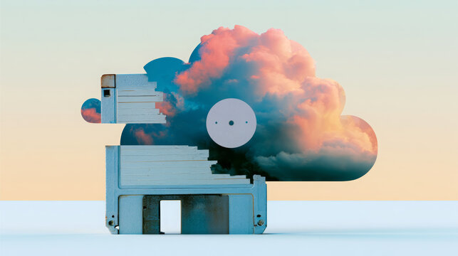 Floppy disk half transforming into a vibrant cloud, symbolizing the evolution of data storage from physical hardware to modern cloud computing technology and digital archiving