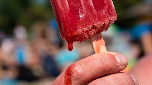 Close-up of a hand holding a partially eaten red popsicle with a blurred crowd background