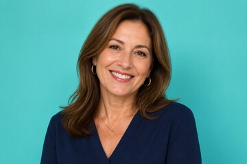 Obraz premium Middle aged woman smiling in front of turquoise studio backdrop