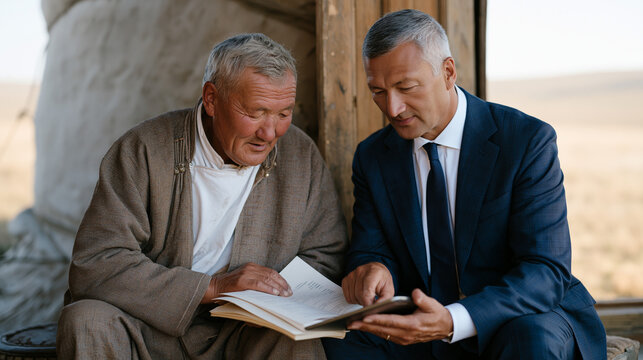 Mongolian herder in his fifties consulting with a mobile financial advisor who has traveled to a rural ger camp, both men seated on low stools reviewing a retirement savings plan