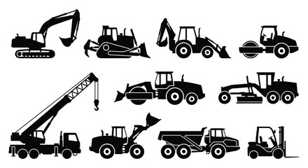 Construction Equipment Silhouettes On White Background Vector Illustration © MBHM Studio