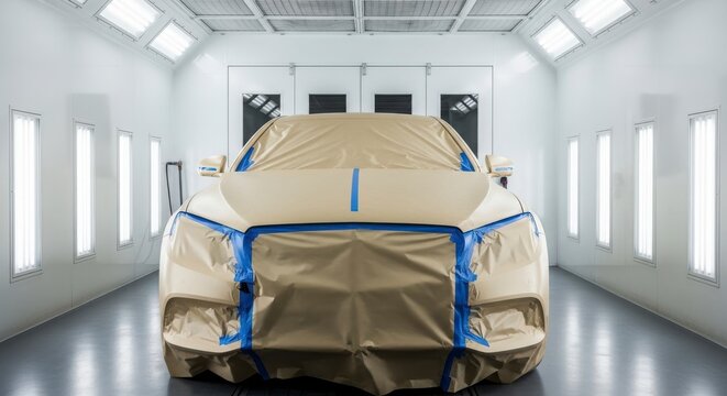 Car covered in protective film in a paint booth