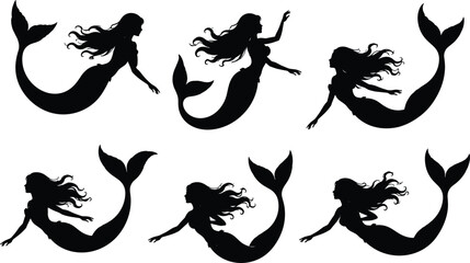 Fototapeta premium Mermaid silhouettes in graceful underwater poses with flowing hair and curved tails
