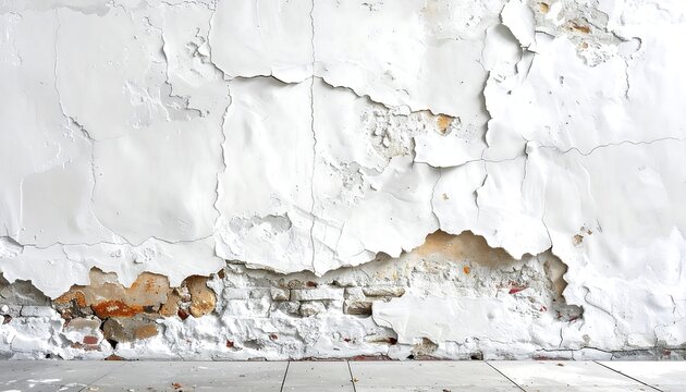 Close-up of peeling, white paint on an old brick wall, revealing the exposed brick beneath