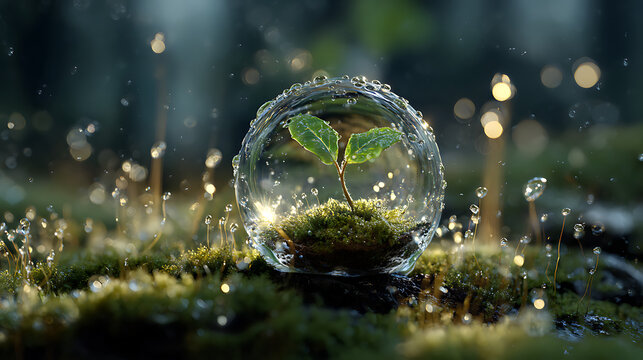 Small plant seedling growing inside protective bubble with water droplets