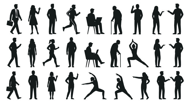 Human silhouettes in various poses black vector illustration on white background