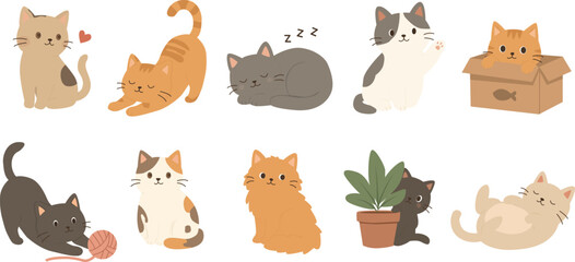Obraz premium Cute Cat Poses Flat Icon Set Vector Illustration