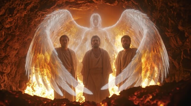 Guardian angel protecting Shadrach, Meshach, and Abednego in the fiery furnace, biblical miracle illustration