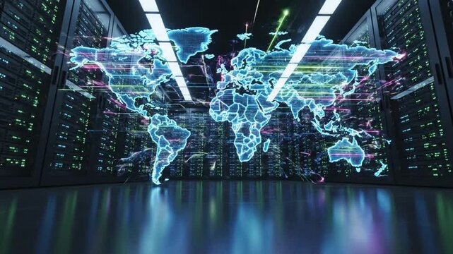 Global network connectivity visualization of data transfer across world map in modern data center.