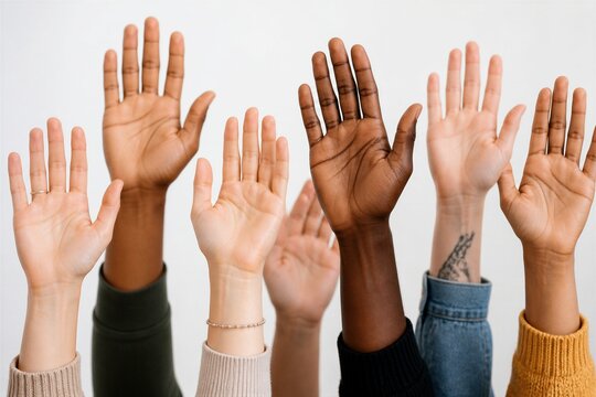 Diverse raised hands volunteering together in classroom setting