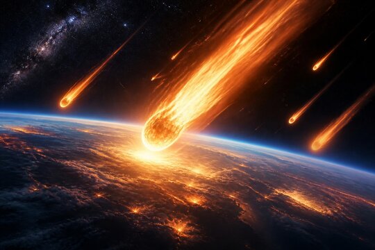 Multiple meteors impacting earth producing fiery streaks across globe