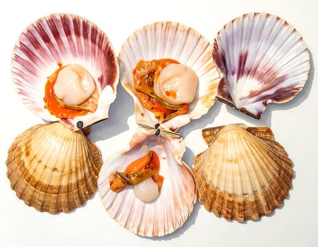 Close-up of cooked scallop dishes, presented within their open shells. Each dish has orange sauce