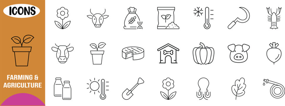 Farming agriculture and food line icons. cow icon set, plant icon set, grain icon set
