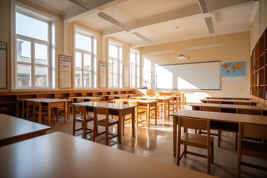 Sunlit Empty Classroom with Wooden Desk and Chair for School Education