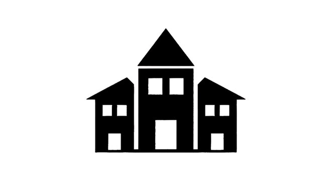 Minimal black silhouette icon, simple flat vector, bold black shape, no gradients, no shading black silhouette icon of a school building or house on a, flat icon style