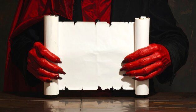 Close-up of crimson-skinned hands holding a blank, aged parchment scroll against a backdrop of dark attire