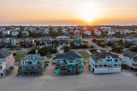 Aerial View of Beach Homes in Avon North Carolina When the Sun Sets Over the Pamlico Sound