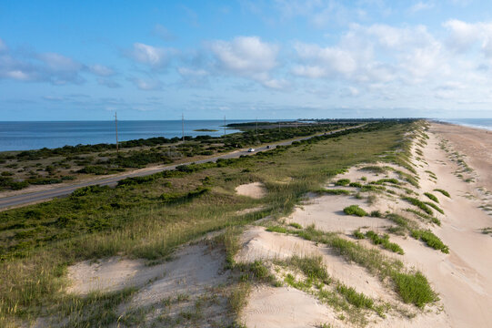 Aerial View of the Dunes and Highway 12 Road on Hatteras Island Outer Banks North Carolina