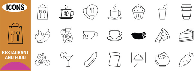 Naklejka premium Restaurant and food outline icons. pancakes icon set, coffee icon set, ice cream icon set