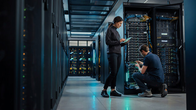 It technicians working on server rack in data center