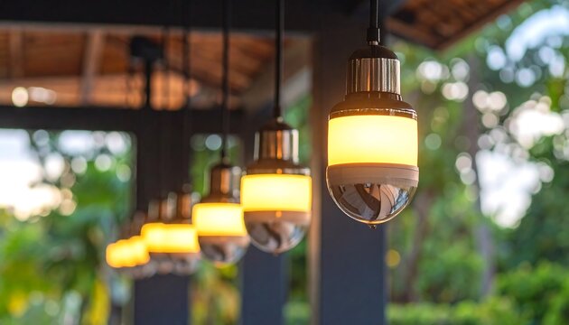 Close-up of pendant lights hanging from a dark structure, illuminating warmly