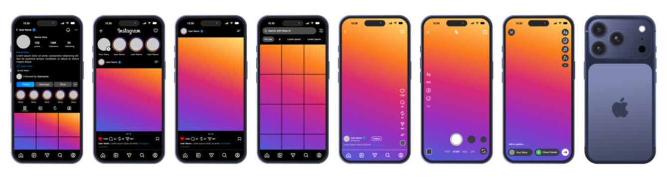 Instagram Dark Mode Social Media UI UX Template Kit for iPhone 17 Pro Smartphone, Mobile App Interface Image Placeholder, Feed, Story, Reel, Post Screen, Mockup Vector Transparent Content Section