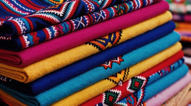 Vivid Peruvian textiles form neat pile at noisy market. Colorful woven fabrics display intricate patterns. Traditional craft shows rich cultural heritage. Hand-made material offers unique texture