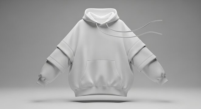 Levitating white oversized hoodie mockup against gray background.