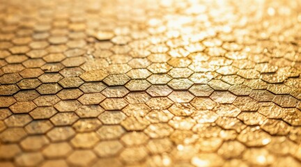 Naklejka premium Close up gold foil texture. Honeycomb pattern forms abstract design. Metallic surface mimics skin leather. Warm yellow tones create luxurious feel. Suitable for backgrounds product displays.