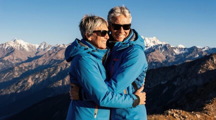 Fototapeta premium Mature couple embraces atop mountain peak. Wear bright blue jackets sunglasses enjoy stunning panorama. Active seniors celebrate achievement adventure together. Love friendship connection radiates