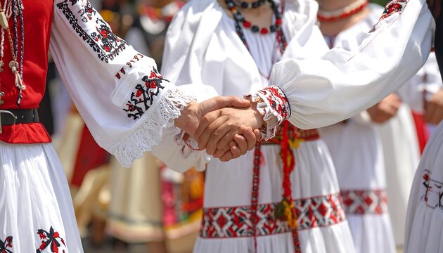 Close-up of people in traditional attire holding hands, with intricate embroidery detail on sleeves and skirts. A joyful moment