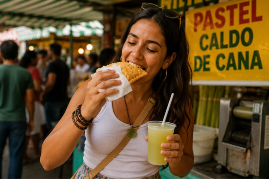 Happy Woman Enjoying Traditional Brazilian Pastel and Sugarcane Juice at Street Market