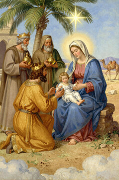 Adoration of the Magi Presenting Gifts to Baby Jesus Beneath the Star of Bethlehem