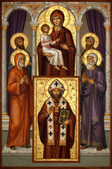 Obraz premium Byzantine Orthodox Icon of the Virgin Mary and Christ Child with Christian Saints and Bishop