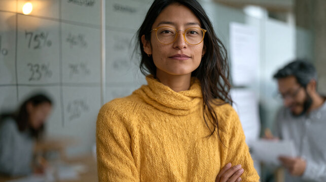 Bolivian HR strategist stands before a skills gap analysis matrix on a frosted glass conference panel, competency deficit percentages highlighted across department columns while