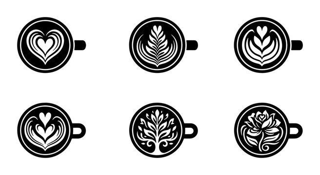 Latte Art Designs: 6 Vector Icons of Coffee Foam Patterns, Heart, Leaf, Tree, Rose Motifs