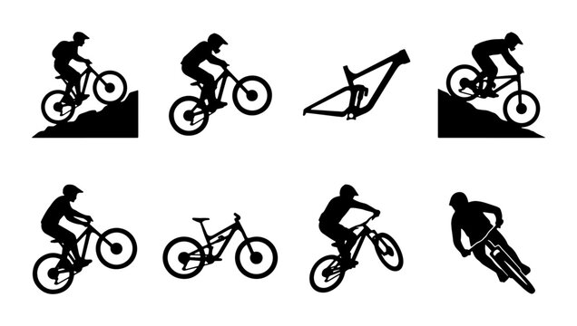 Mountain Bike Silhouette Icons, Downhill Cycling Action, Extreme Sports Vector Graphics, Bicycle Rider Set