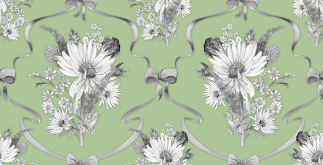 Fototapeta premium Vintage watercolor monochrome seamless pattern with a bouquet of wildflowers, daisies, and clover for textile and print design 