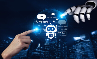Fototapeta premium Welcome message introduces chat AI assistant for instant help. Chat AI supports questions and tasks, and chat AI improves service with friendly NLP chatbot onboarding. Corpus