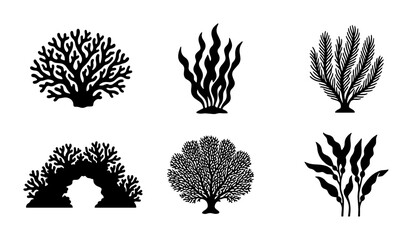Black Silhouette Coral Reef Plants Vector Icons, Underwater Marine Flora Silhouettes, Aquatic Botanical Elements © Afrin