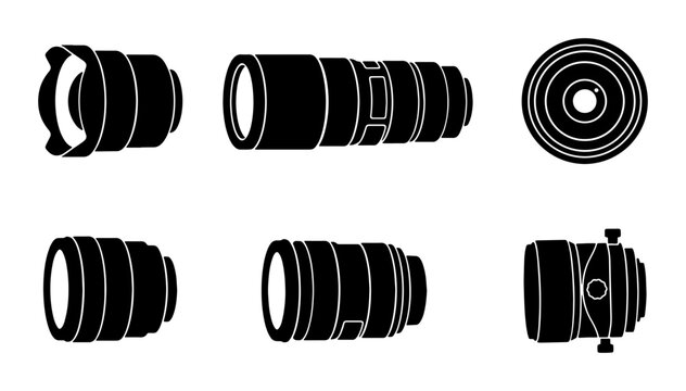 Camera Lens Icons Set, Photography Equipment Vector Graphics, Professional Optical Tools Collection