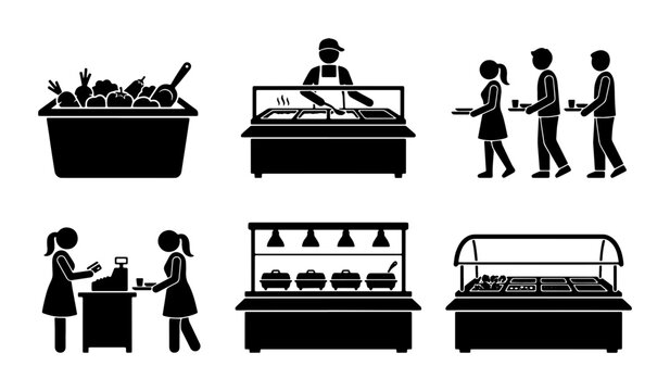 Buffet Service Icons: Food Line, Serving Station, Cashier, Catering, Restaurant, Cafeteria, Food Court