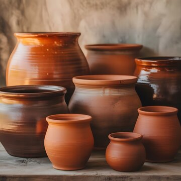 Colecci&oacute;n de vasijas y ollas de barro artesanales de diferentes tama&ntilde;os sobre mesa de madera