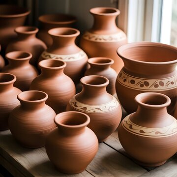 Colecci&oacute;n de vasijas y jarrones de arcilla terracota hechos a mano en un taller de alfarer&iacute;a